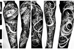scifi monster with mechanical parts and tentacles, geometric fading background tattoo idea