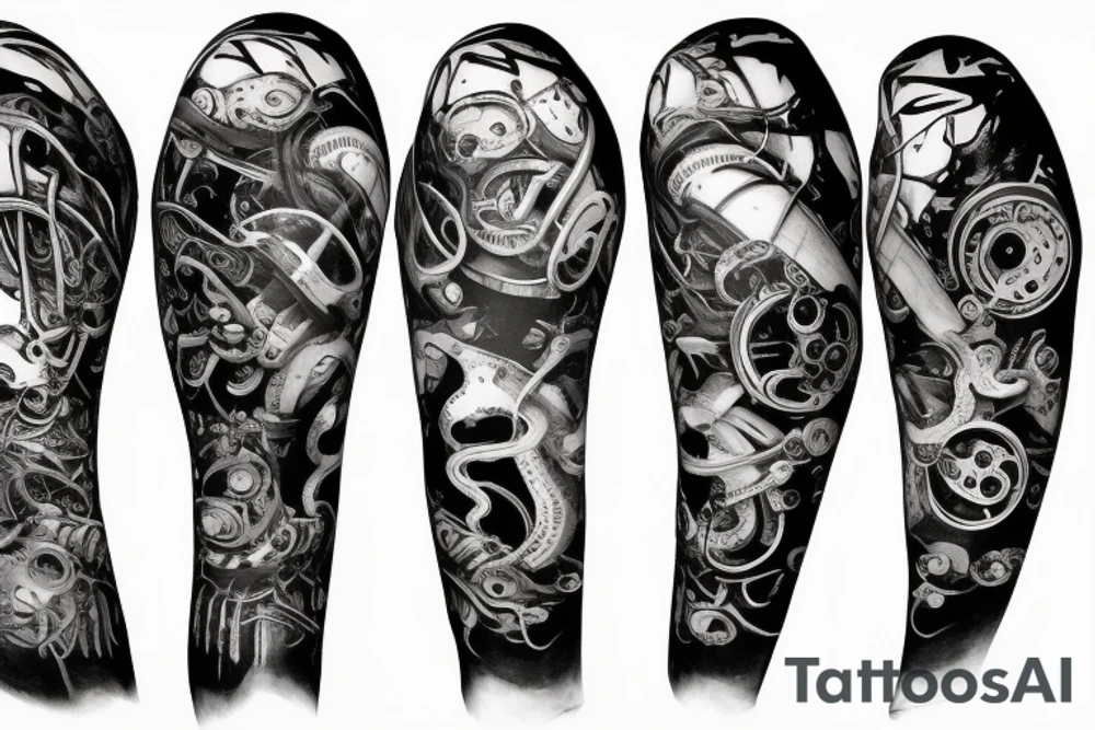 scifi monster with mechanical parts and tentacles, geometric fading background tattoo idea