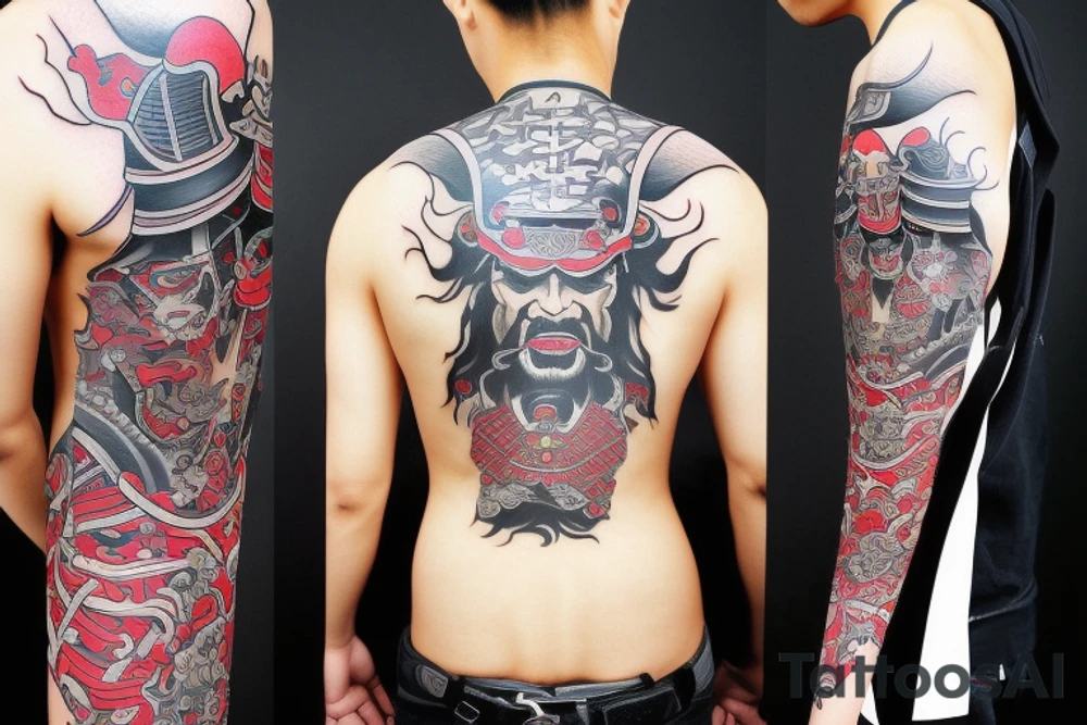 Japanese samurai with a demon mask tattoo idea