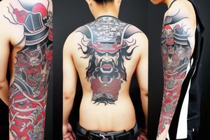 Japanese samurai with a demon mask tattoo idea