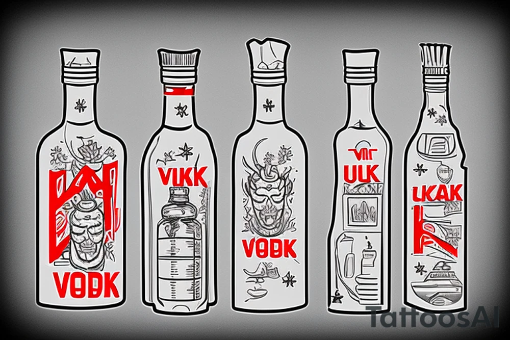 An open bottle of Ural vodka, the letters "I, v, a, n; V, o, v, a" float on the bottom of the bottle.  on the label designation of the expiration date: not limited. tattoo idea