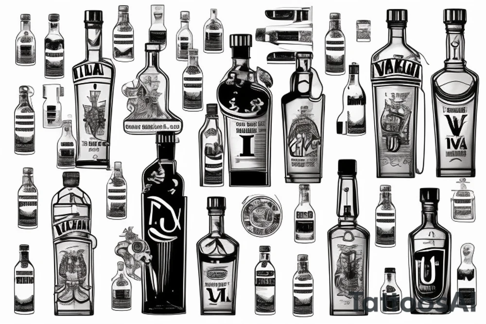 An open bottle of Ural vodka, the letters "I, v, a, n; V, o, v, a" float on the bottom of the bottle.  on the label designation of the expiration date: not limited. tattoo idea