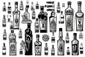 An open bottle of Ural vodka, the letters "I, v, a, n; V, o, v, a" float on the bottom of the bottle.  on the label designation of the expiration date: not limited. tattoo idea