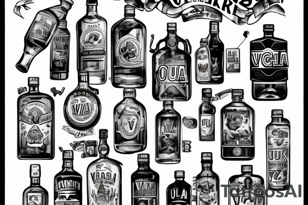 An open bottle of "Ural" vodka, the letters "I, v, a, n; V, o, v, a" float on the bottom of the bottle.  on the label designation of the expiration date: not limited. tattoo idea