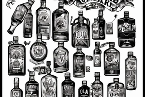 An open bottle of "Ural" vodka, the letters "I, v, a, n; V, o, v, a" float on the bottom of the bottle.  on the label designation of the expiration date: not limited. tattoo idea