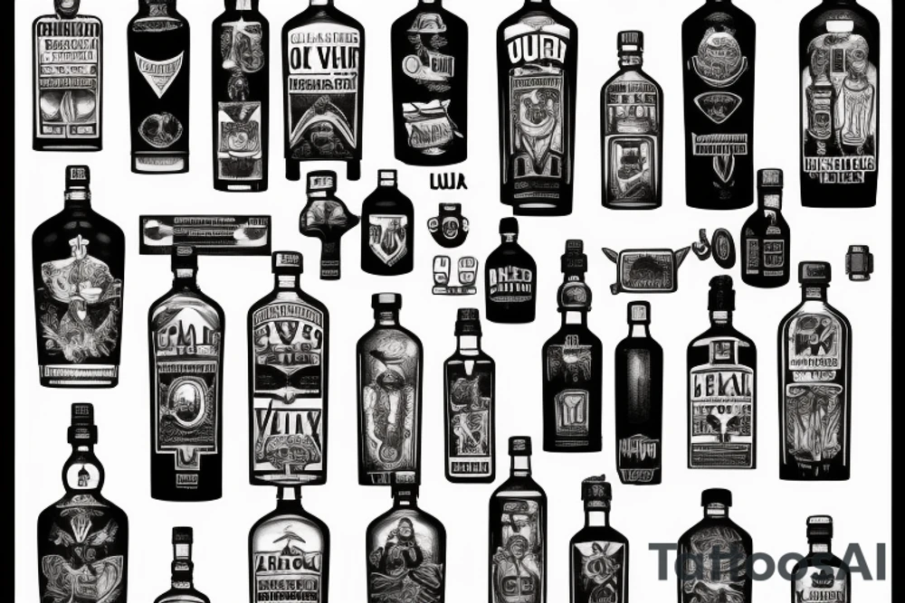 An open bottle of "Ural" vodka, the letters "I, v, a, n; V, o, v, a" float on the bottom of the bottle.  on the label designation of the expiration date: not limited. tattoo idea