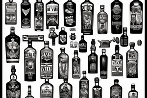 An open bottle of "Ural" vodka, the letters "I, v, a, n; V, o, v, a" float on the bottom of the bottle.  on the label designation of the expiration date: not limited. tattoo idea