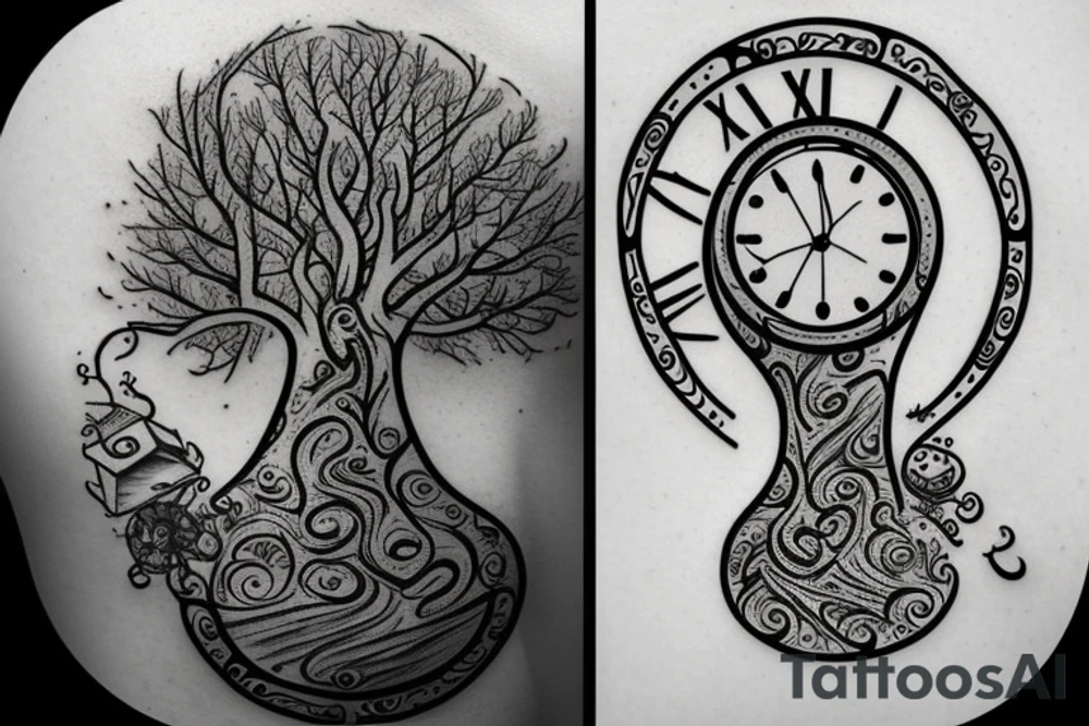 Hourglass with a tree and clock inside tattoo idea