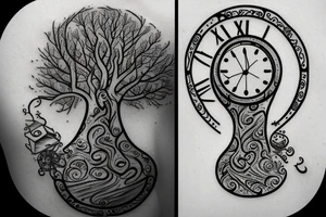 Hourglass with a tree and clock inside tattoo idea