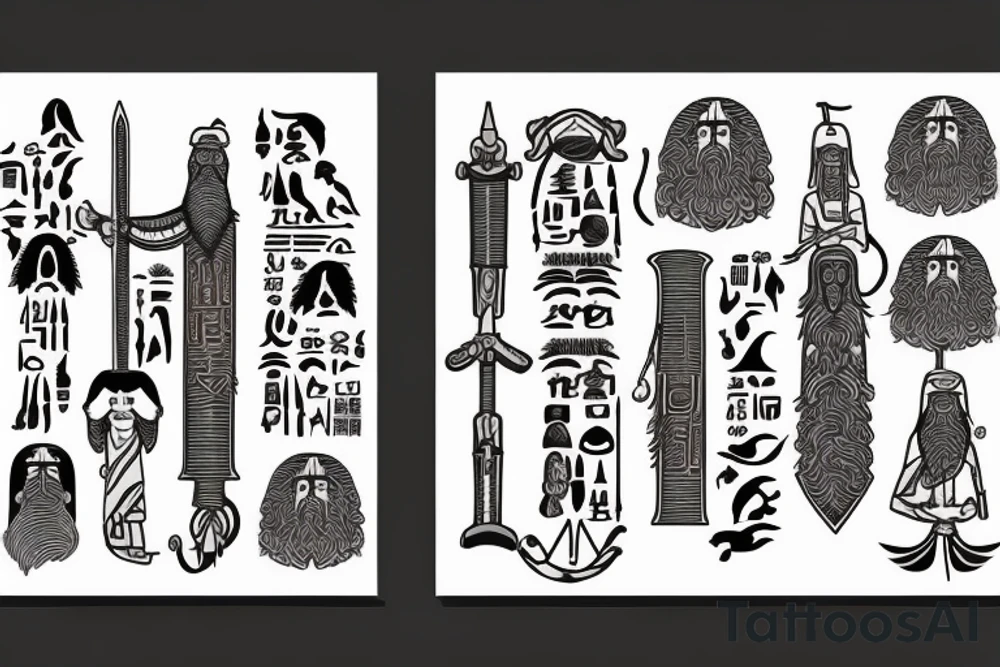 Hieroglyphs of a sword and a horseman with a beard among two fir trees tattoo idea