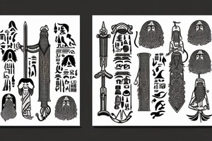 Hieroglyphs of a sword and a horseman with a beard among two fir trees tattoo idea