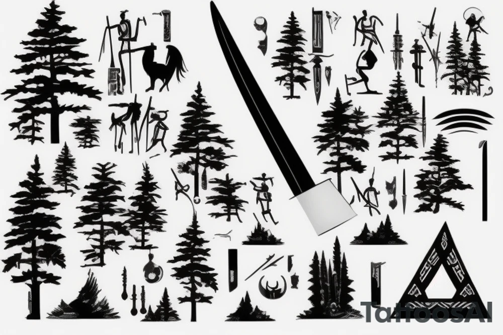 Hieroglyphs of a sword and a horseman with a beard among two fir trees tattoo idea