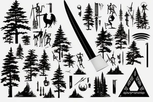 Hieroglyphs of a sword and a horseman with a beard among two fir trees tattoo idea