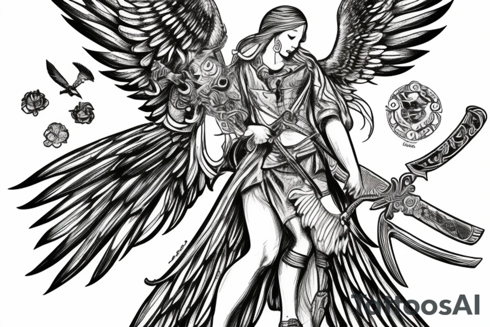 Guardian Angel with a sword surrounded by hawks and bears tattoo idea