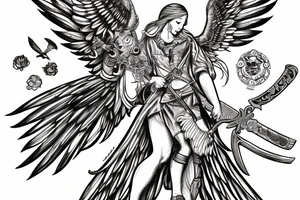 Guardian Angel with a sword surrounded by hawks and bears tattoo idea