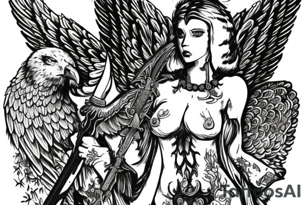 Guardian Angel with a sword surrounded by hawks and bears tattoo idea
