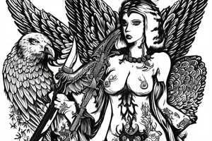 Guardian Angel with a sword surrounded by hawks and bears tattoo idea