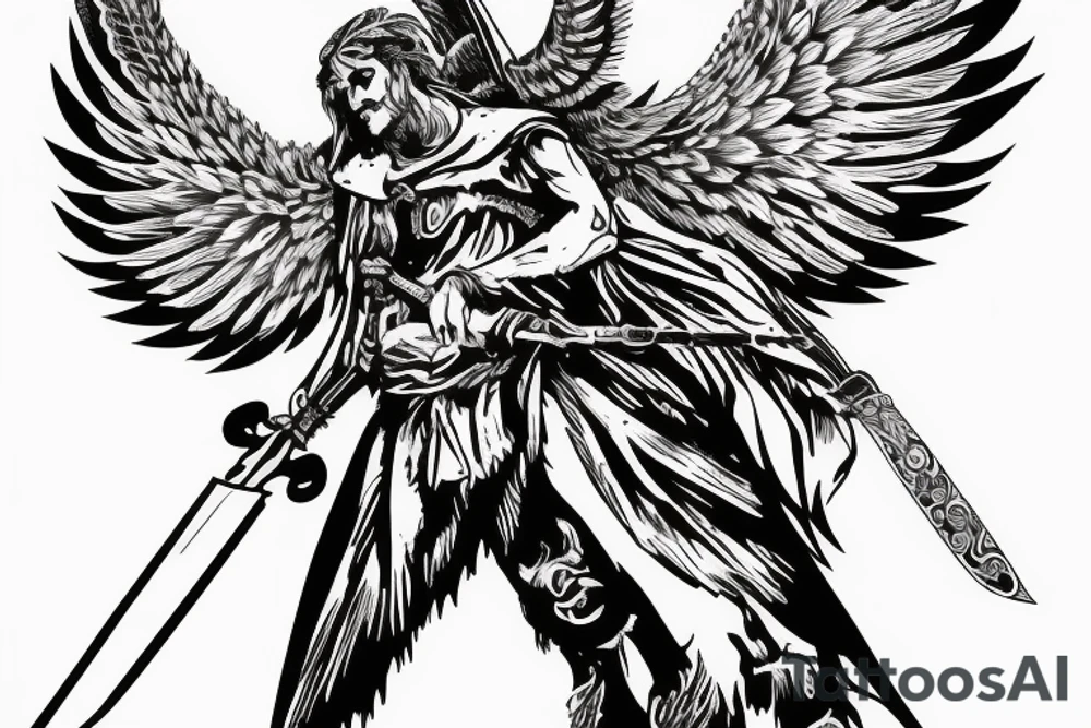 Guardian Angel with a sword and a cape over his head surrounded by hawks and bears tattoo idea