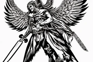Guardian Angel with a sword and a cape over his head surrounded by hawks and bears tattoo idea