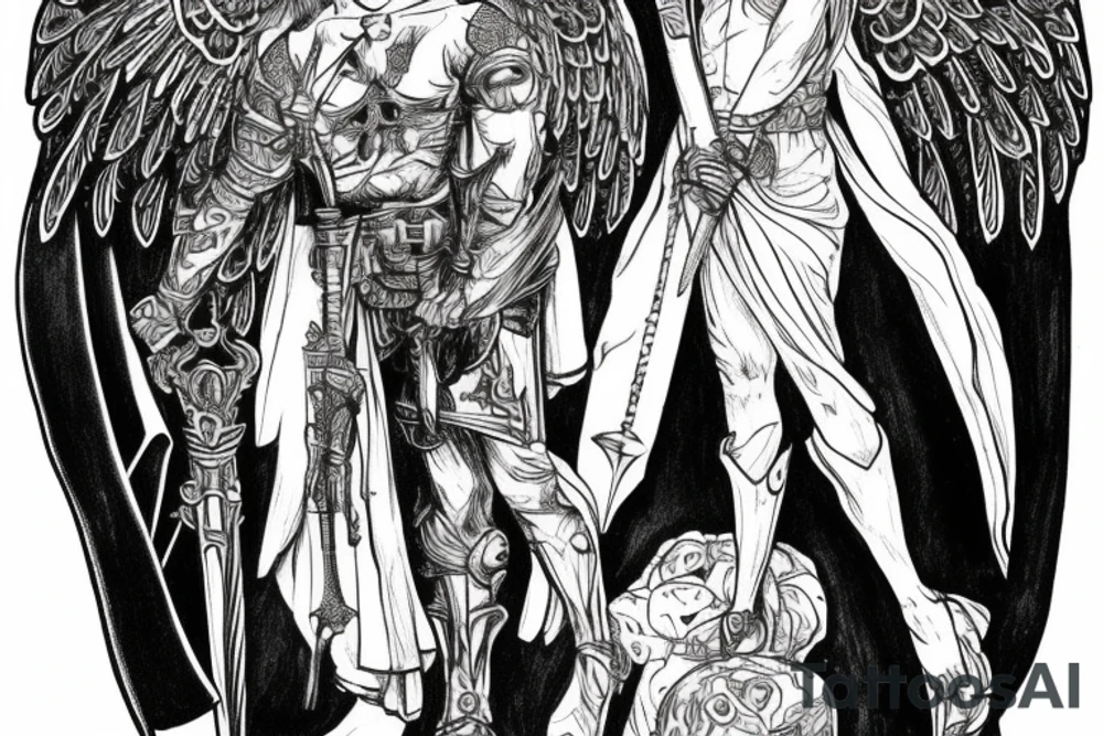 Guardian Angel with a sword and a cape over his head surrounded by hawks and bears tattoo idea