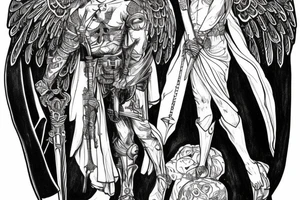 Guardian Angel with a sword and a cape over his head surrounded by hawks and bears tattoo idea