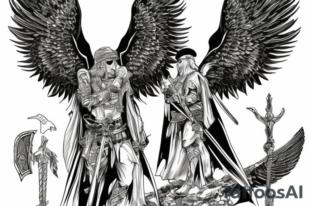 Guardian Angel with a sword and a cape over his head surrounded by hawks, guarding the entrance to valhalla tattoo idea