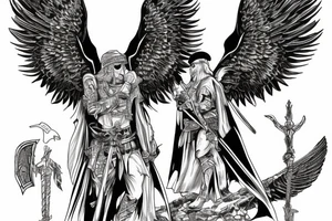 Guardian Angel with a sword and a cape over his head surrounded by hawks, guarding the entrance to valhalla tattoo idea