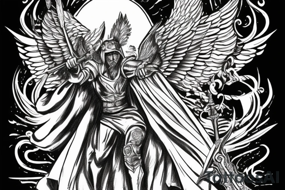 Guardian Angel with a sword and a cape over his head surrounded by hawks, guarding the entrance to valhalla tattoo idea