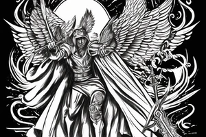 Guardian Angel with a sword and a cape over his head surrounded by hawks, guarding the entrance to valhalla tattoo idea