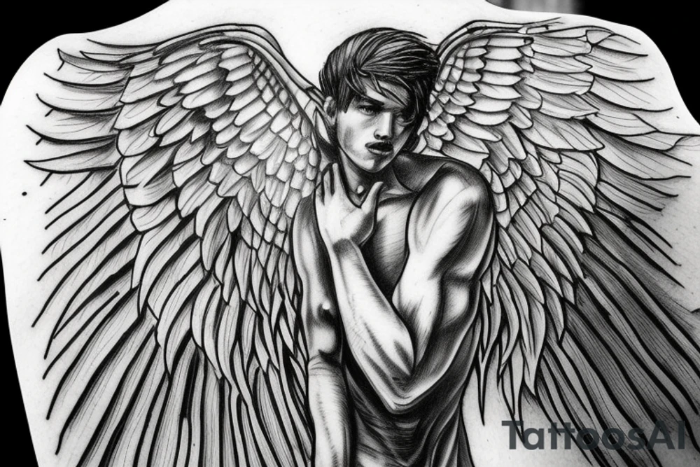 Male Angel with wings, guarding the stairs to hell tattoo idea