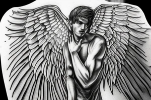 Male Angel with wings, guarding the stairs to hell tattoo idea