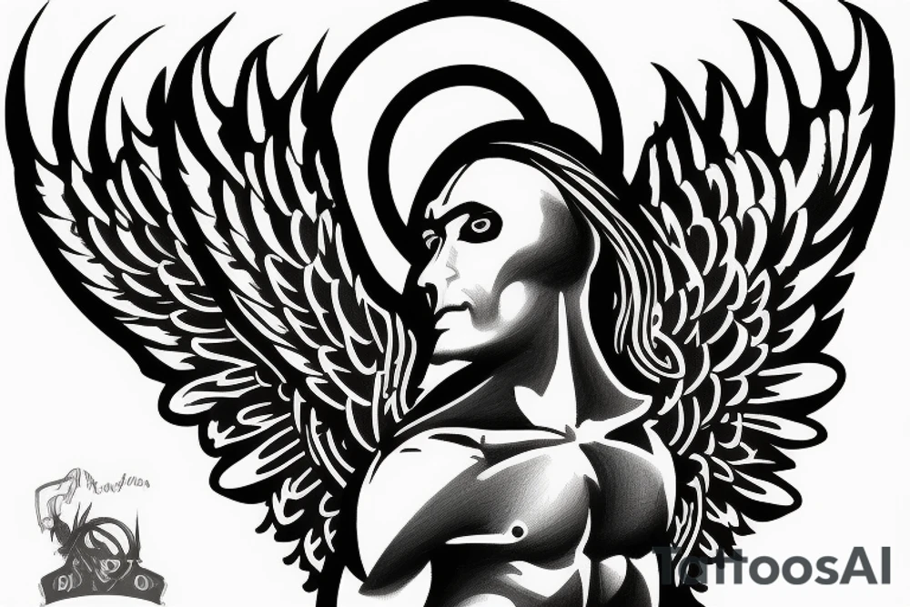 Male Angel with wings, guarding the stairs to hell tattoo idea