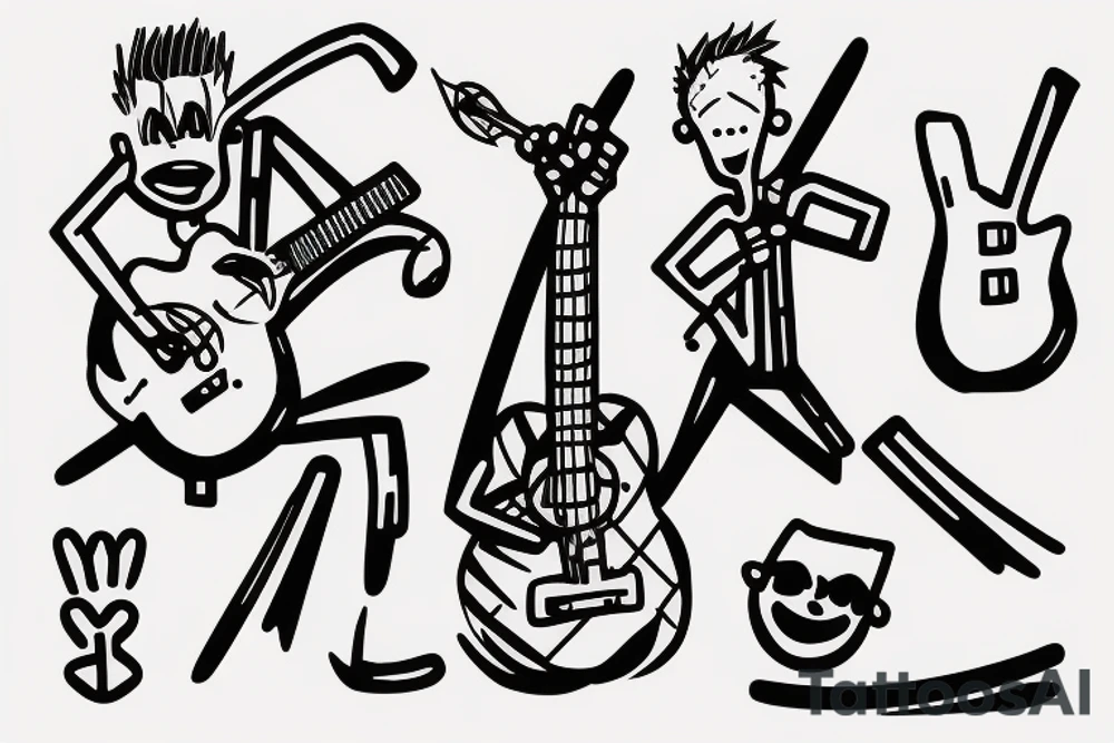 a stick figure with a mohawk vigorously playing a guitar with motion lines and a grimace wider than his face and his eyes tightly closed tattoo idea