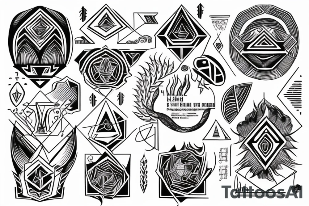 Schematic-like design with geometric shapes consisting of representations of fire, water, wisdom and personal growth tattoo idea