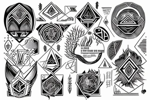 Schematic-like design with geometric shapes consisting of representations of fire, water, wisdom and personal growth tattoo idea