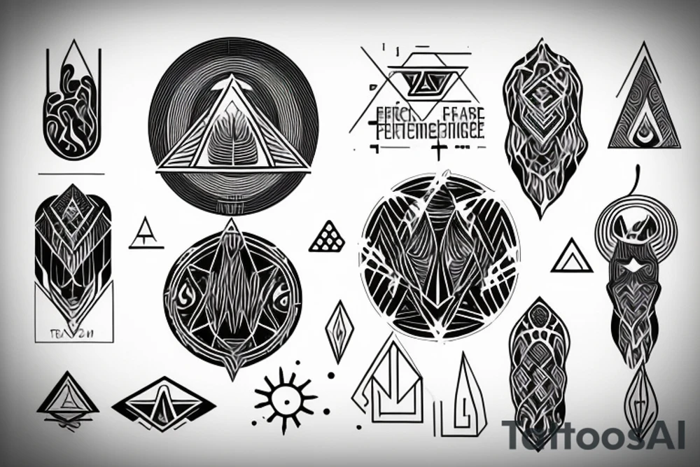 Schematic-like design with geometric shapes consisting of representations of fire, water, wisdom and personal growth tattoo idea