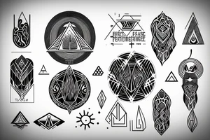 Schematic-like design with geometric shapes consisting of representations of fire, water, wisdom and personal growth tattoo idea