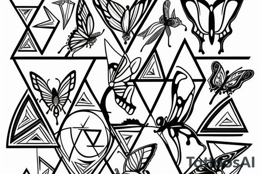 Fire water eye triangles butterfly tattoo idea