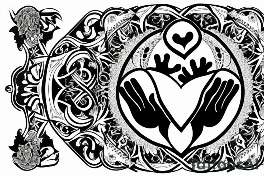 two hands holding a heart wearing a crown inside the heart is a yin yang symbol tattoo idea