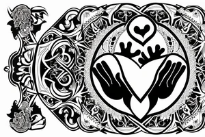 two hands holding a heart wearing a crown inside the heart is a yin yang symbol tattoo idea