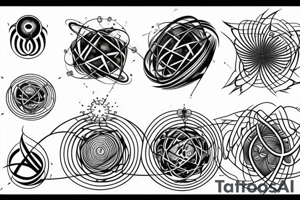 Symbols of water and fire around an atom with a Lorenz attractor in the middle tattoo idea