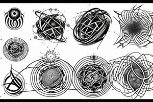 Symbols of water and fire around an atom with a Lorenz attractor in the middle tattoo idea