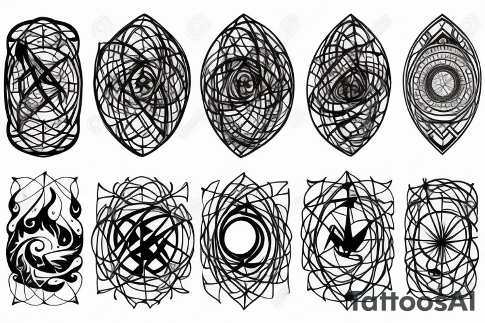 Symbols of water and fire around an atom with a Lorenz attractor in the middle tattoo idea