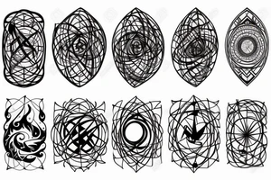 Symbols of water and fire around an atom with a Lorenz attractor in the middle tattoo idea