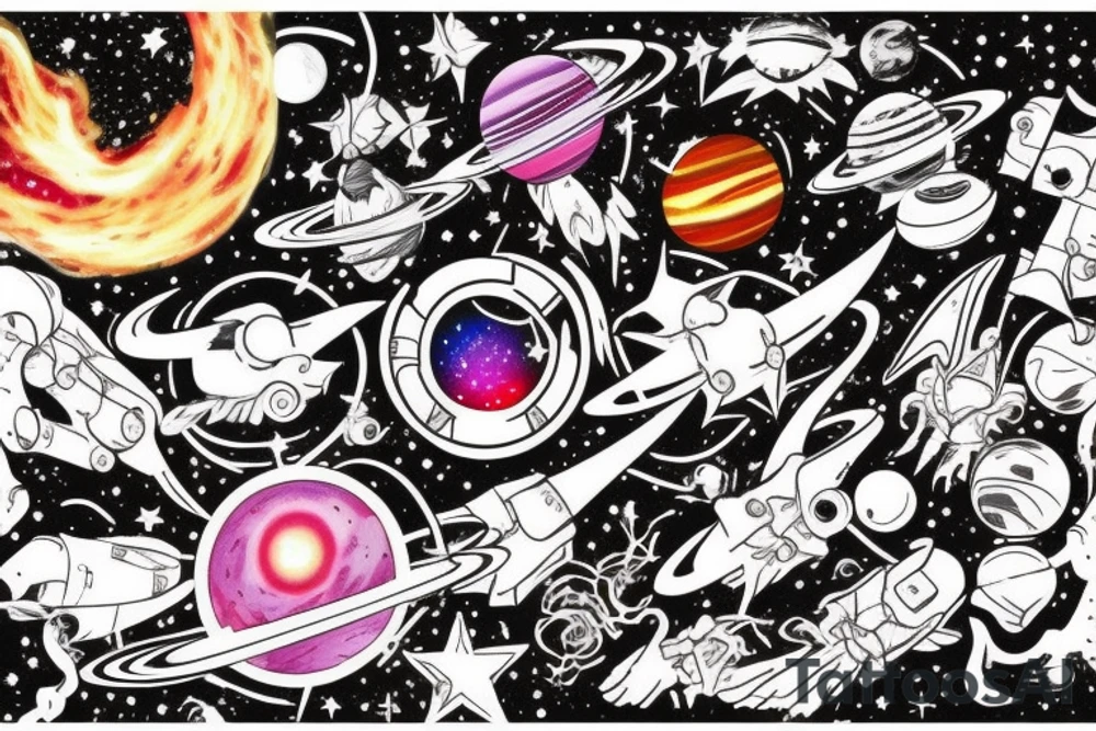 Space black hole blackhole stars interstellar planets detailed colorful tattoo idea