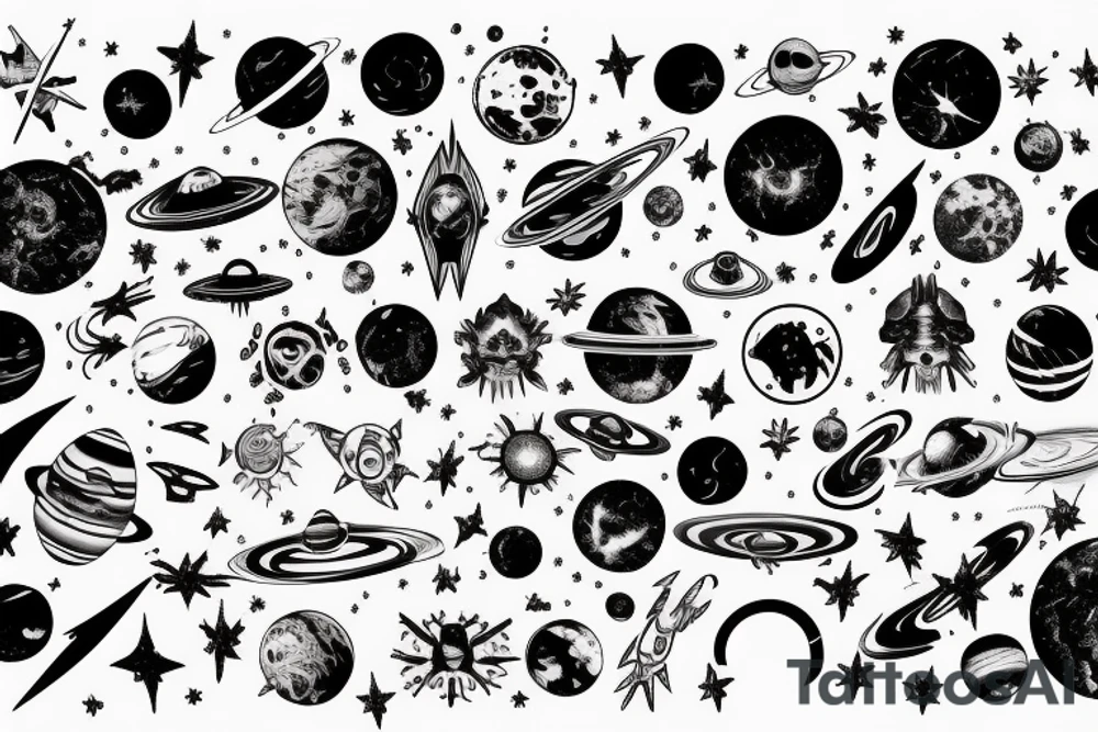 Space black hole blackhole stars interstellar planets detailed colorful sci-fi tattoo idea