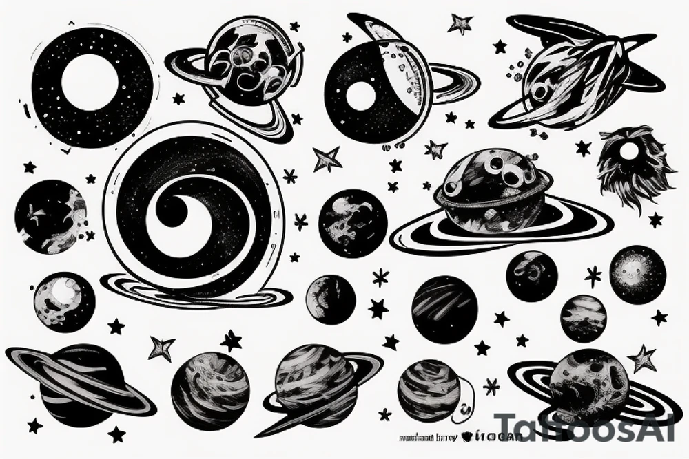 Space black hole blackhole stars interstellar planets detailed colorful sci-fi tattoo idea