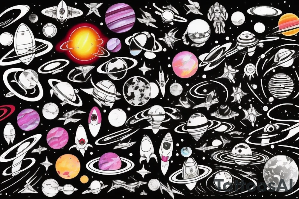 Space black hole blackhole stars interstellar planets detailed colorful sci-fi tattoo idea