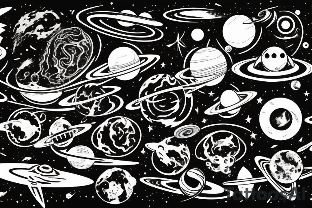 Space black hole blackhole stars interstellar planets detailed colorful sci-fi tattoo idea