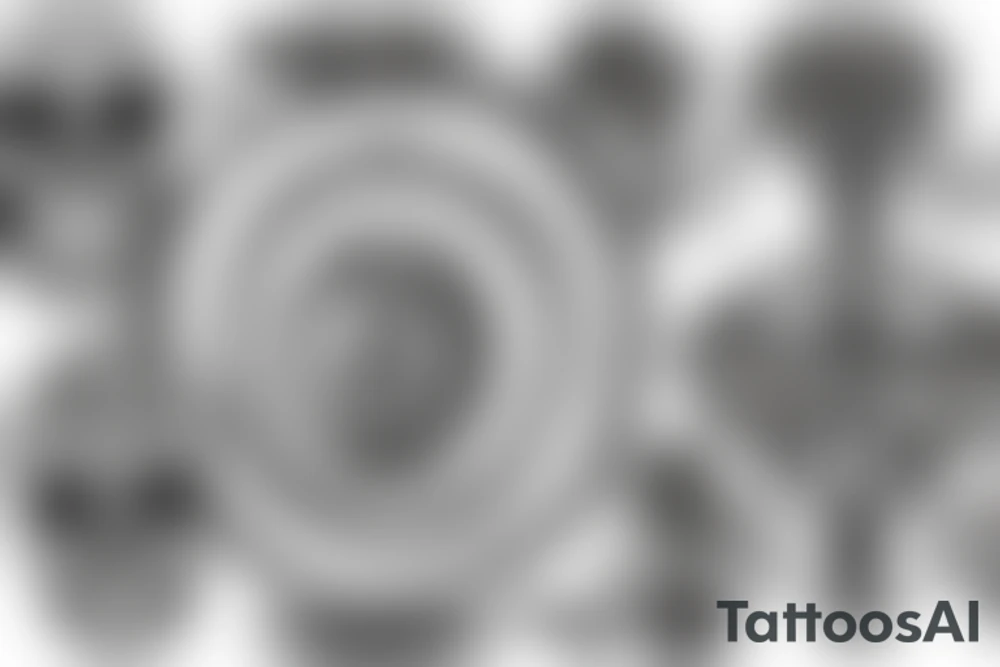 Hourglass made of skulls on a black and white spiral with text momento mori tattoo idea
